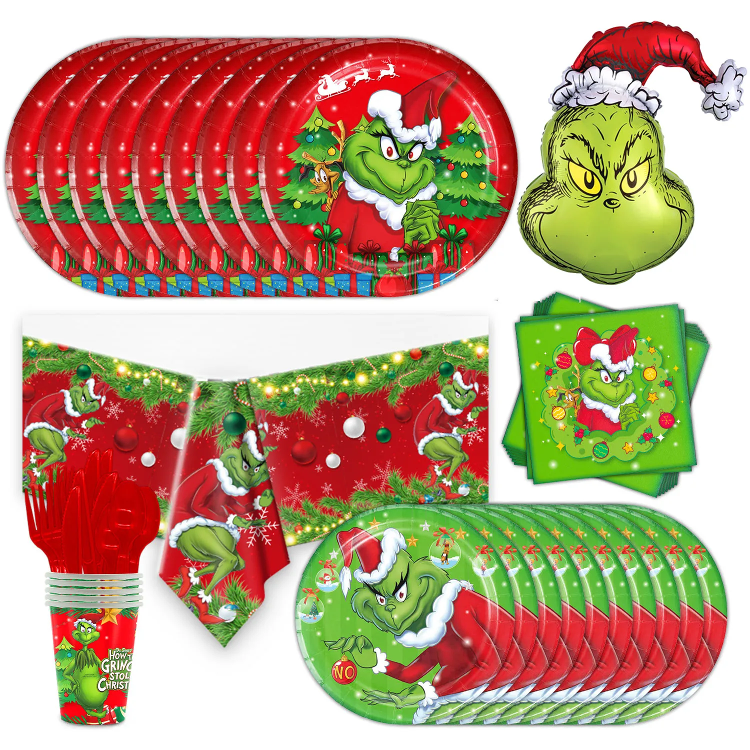 

Рождественская зеленая монстра, одноразовая посуда, бумажные тарелки, чашки, скатерть, салфетка, воздушные шары, товары вечерние, Декор для ...