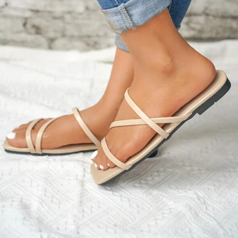 

Cross Thin Strips Design Women Slippers Flat Bottom Non-slip Outdoor Beach Woman Sandals Soft Cozy Fashion Slides Summer Shoes