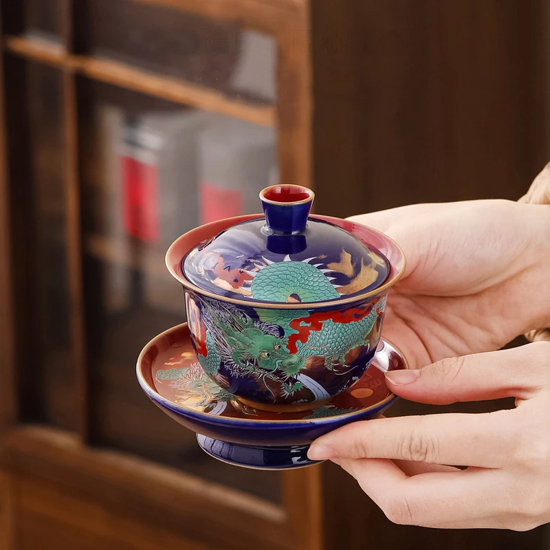 

Керамическая чайная чашка санкai Gaiwan, синяя глазурованная чашка большого размера с крышкой, домашняя чайная чашка кунг-фу, набор для пивовар...