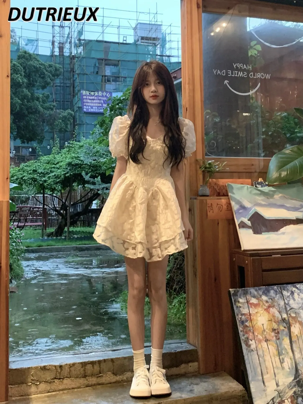 

Милое популярное платье для девушек для женщин, летнее японское облегающее платье принцессы с пузырьковым рукавом, нежное жаккардовое платье с пузырьками