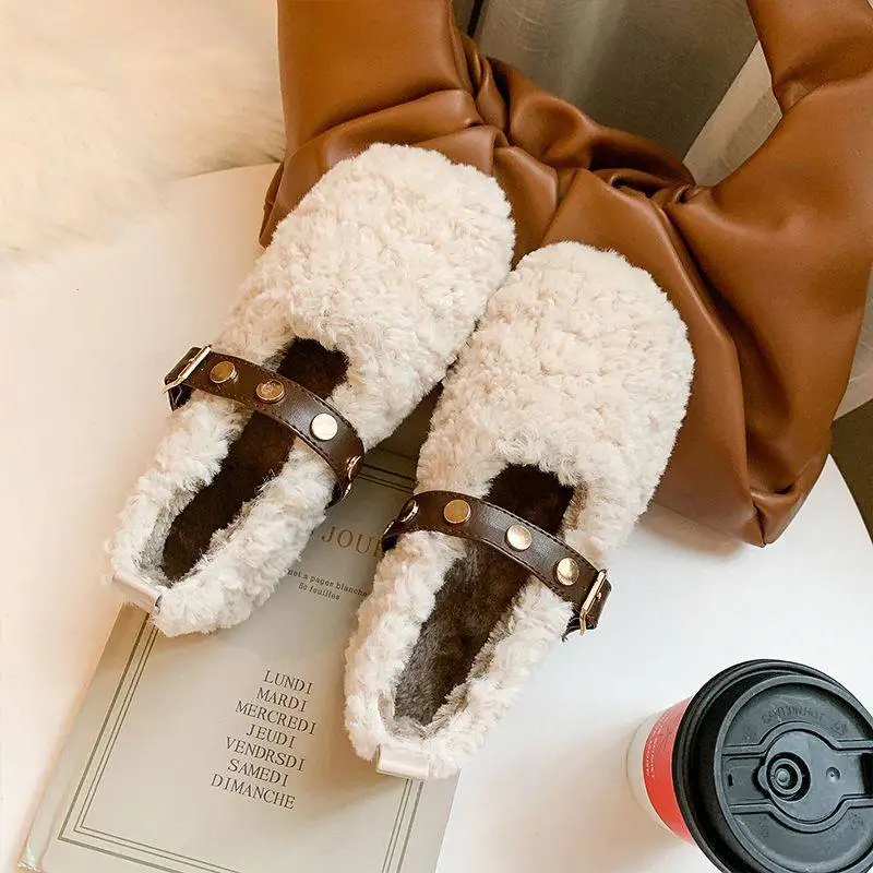 Women's Plush Shoes, Women's Outer Wear, New Autumn and Winter Plus Velvet Cotton Shoes, Mary Jane Flat-bottomed Slip-on Shoes