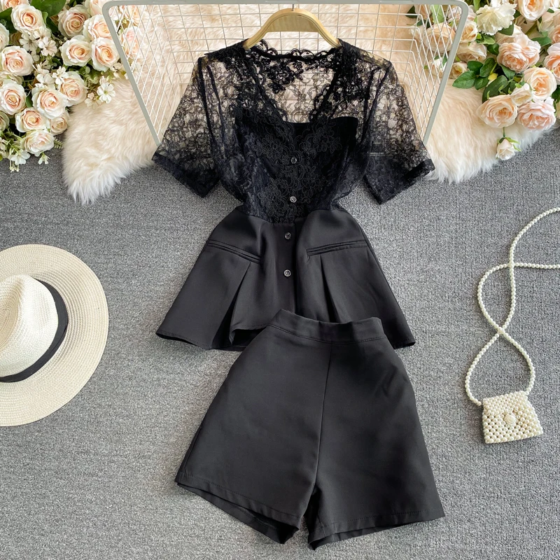 

Clothland Women Elegant Lace Blouse Shorts Suit Two Piece Set V Neck Shirt Mini Shorts White Black Sexy Sets TZ403