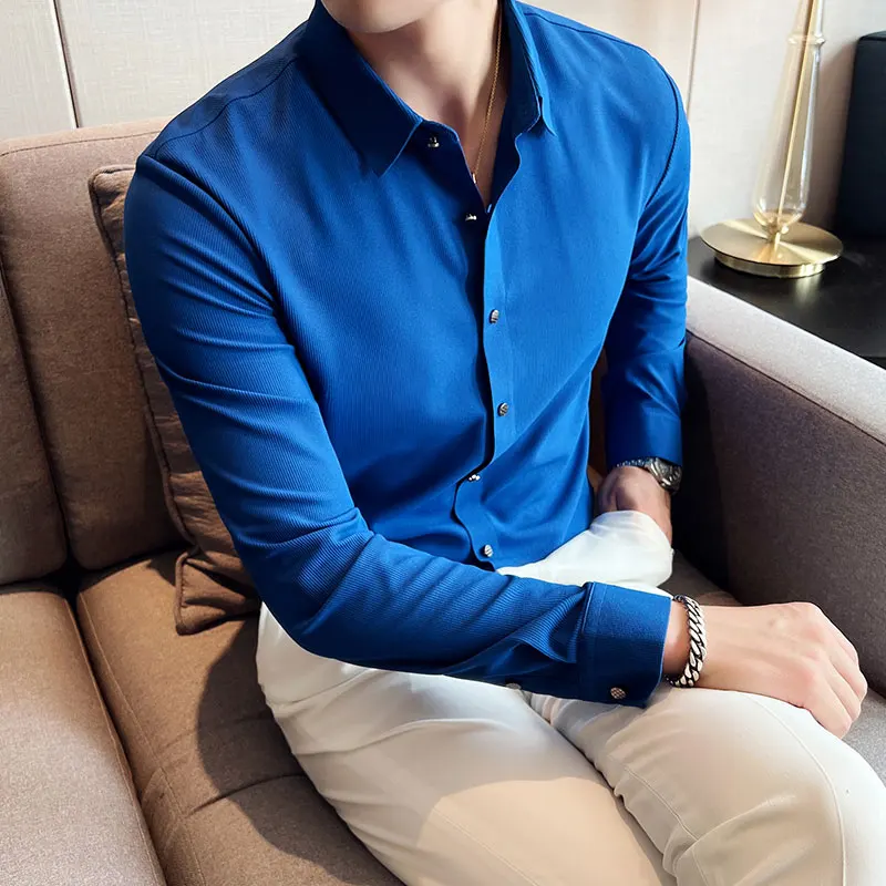 Brand Waffle Men Shirts 2022 Autumn Long Sleeve Seamless Casual Business Formal Dress Shirt Slim Fit Social Office Men Clothing