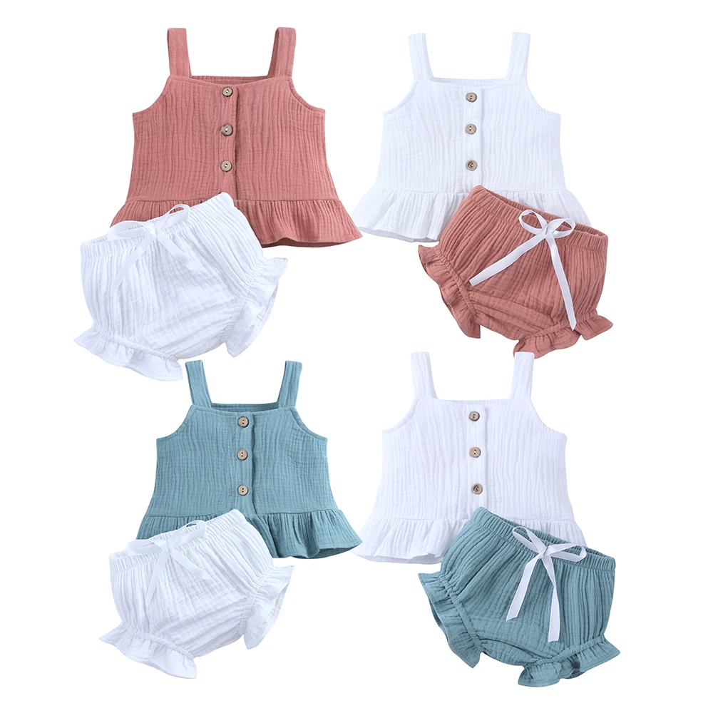 

Summer Children Clothing Set Baby Girl Solid Vests Top Bows Shorts Suit Toddler Costume