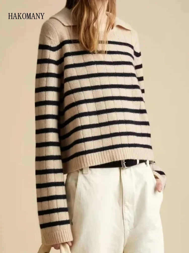 

2022 Women Knitwear Casual Jumper CHIC Khaki Black Striped Knitted Lapel Pullovers Long Sleeve Sweater