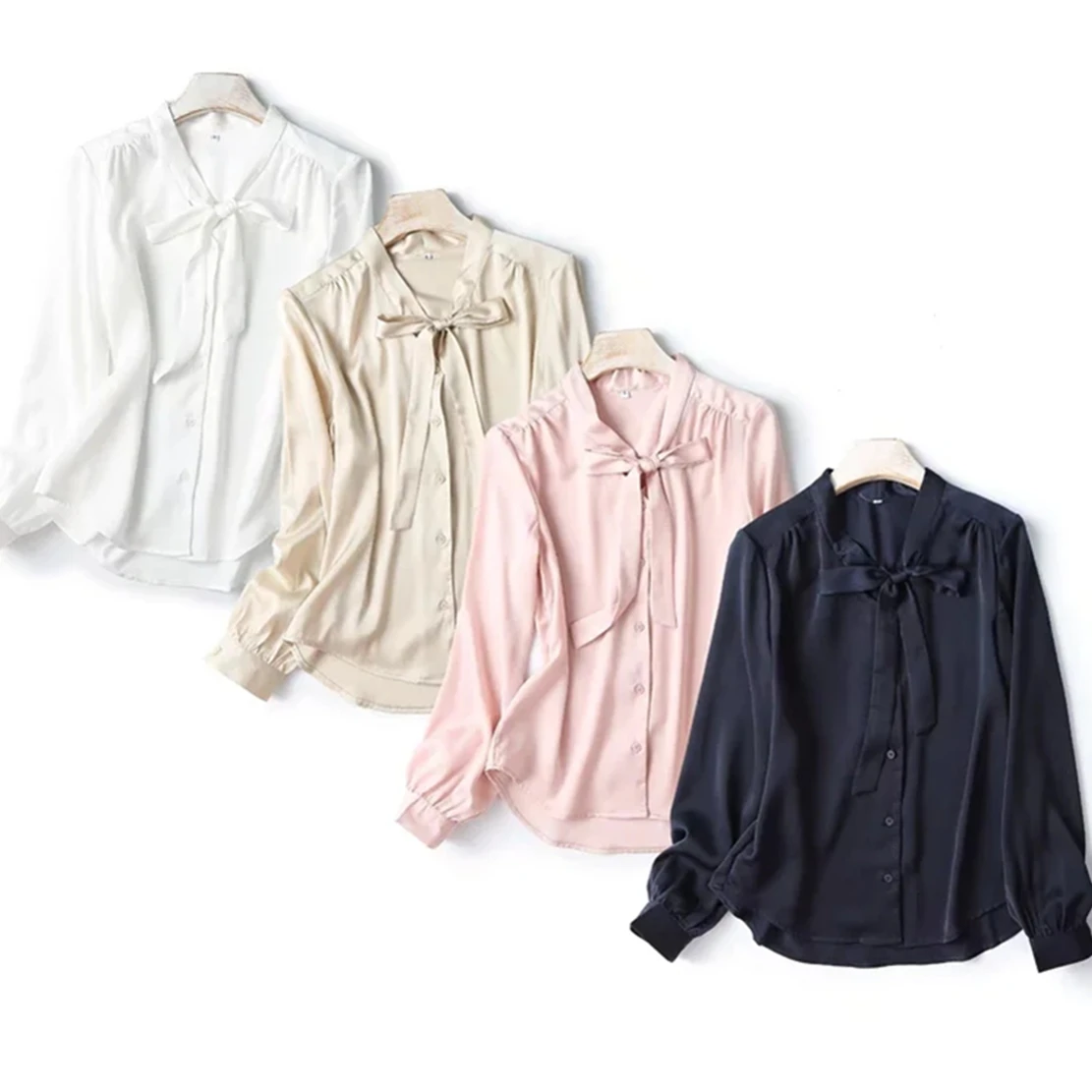 

Elmsk England Style Office Lady Elegant Long Sleeve Blouse Women Fashion Silk Satin Bow Casual Shirt Women Tops