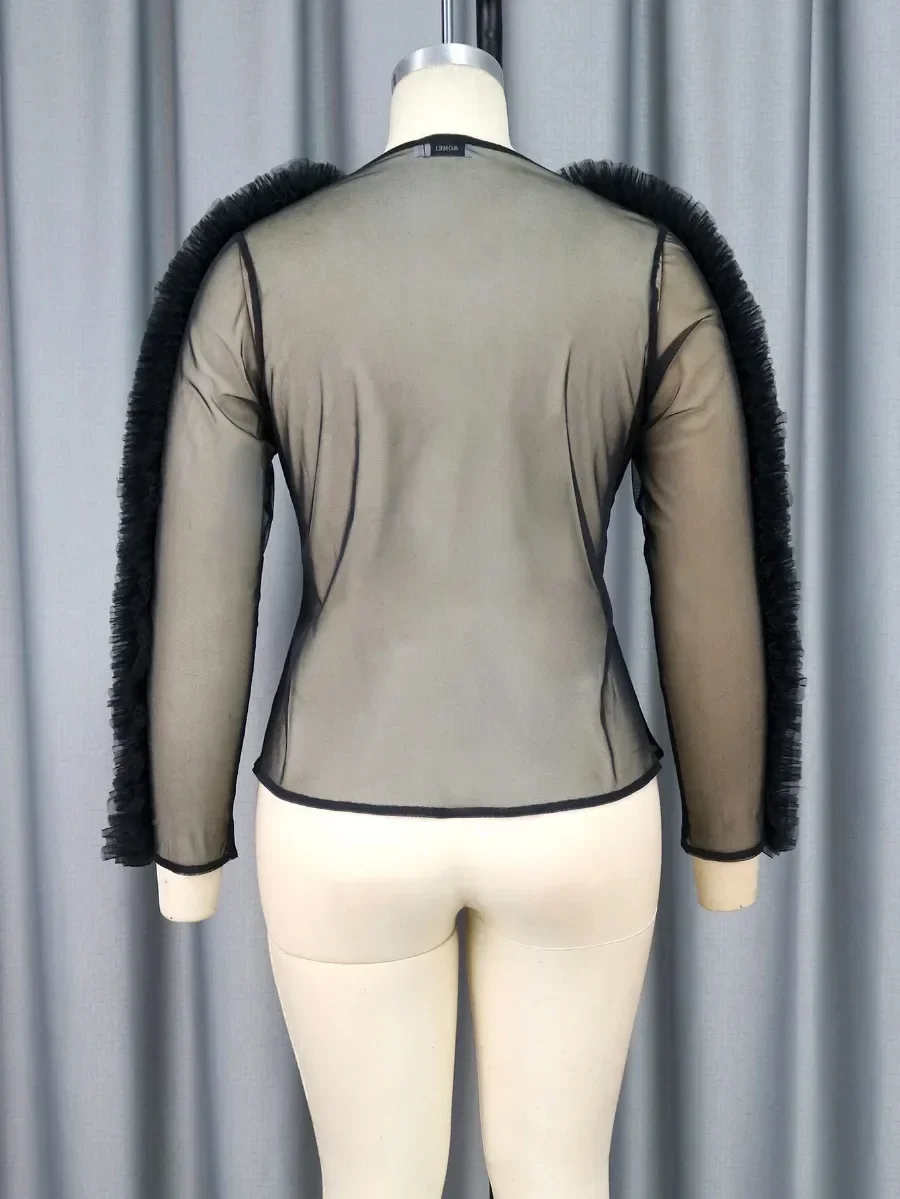 Черные прозрачные топы с V-образным вырезом пуловер оборками повседневные блузки