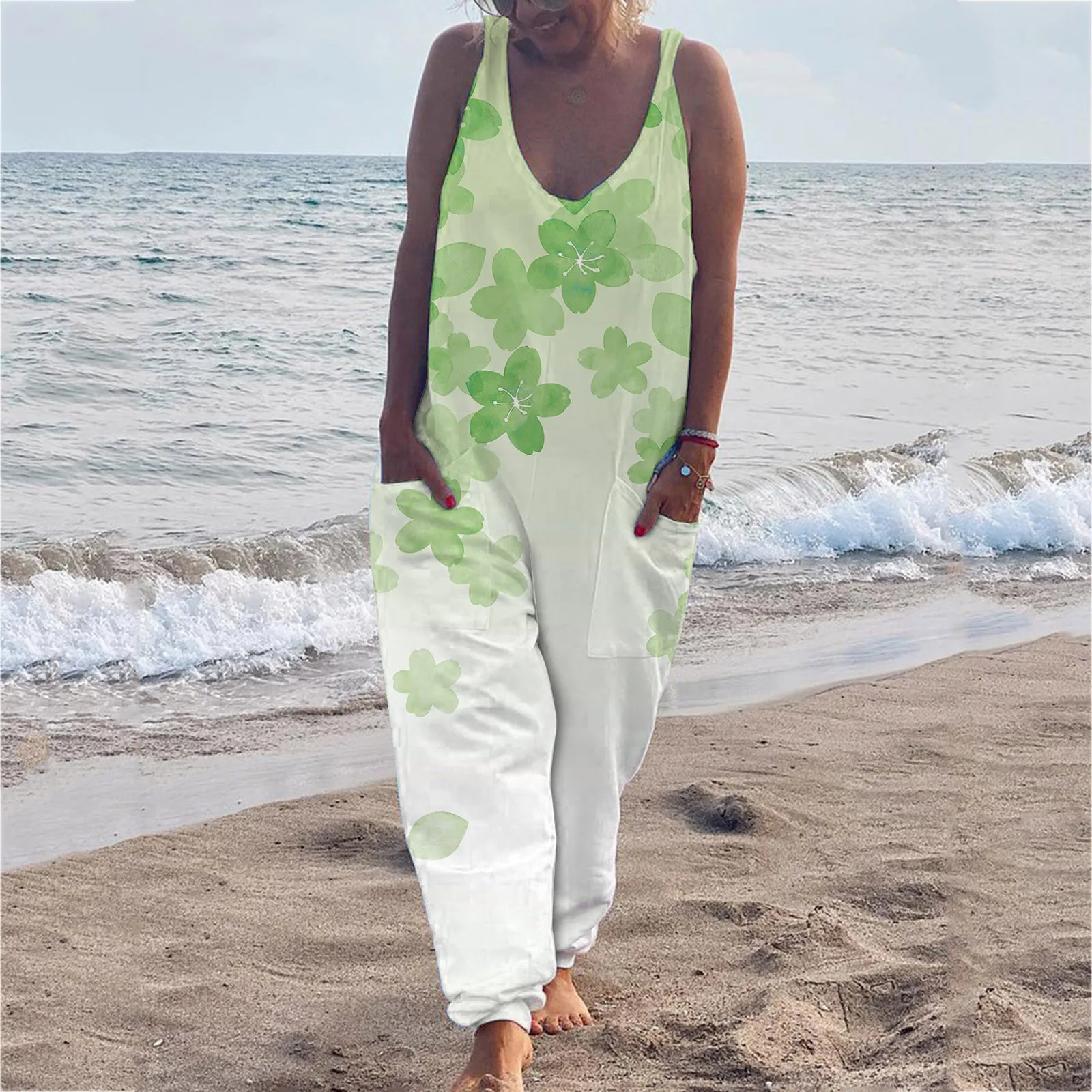 

Women Summer Printed Casual Jumpsuit Pocket V Neck Daily Regular Loose Fit Sleeveless Jumpsuit Long Body Suits