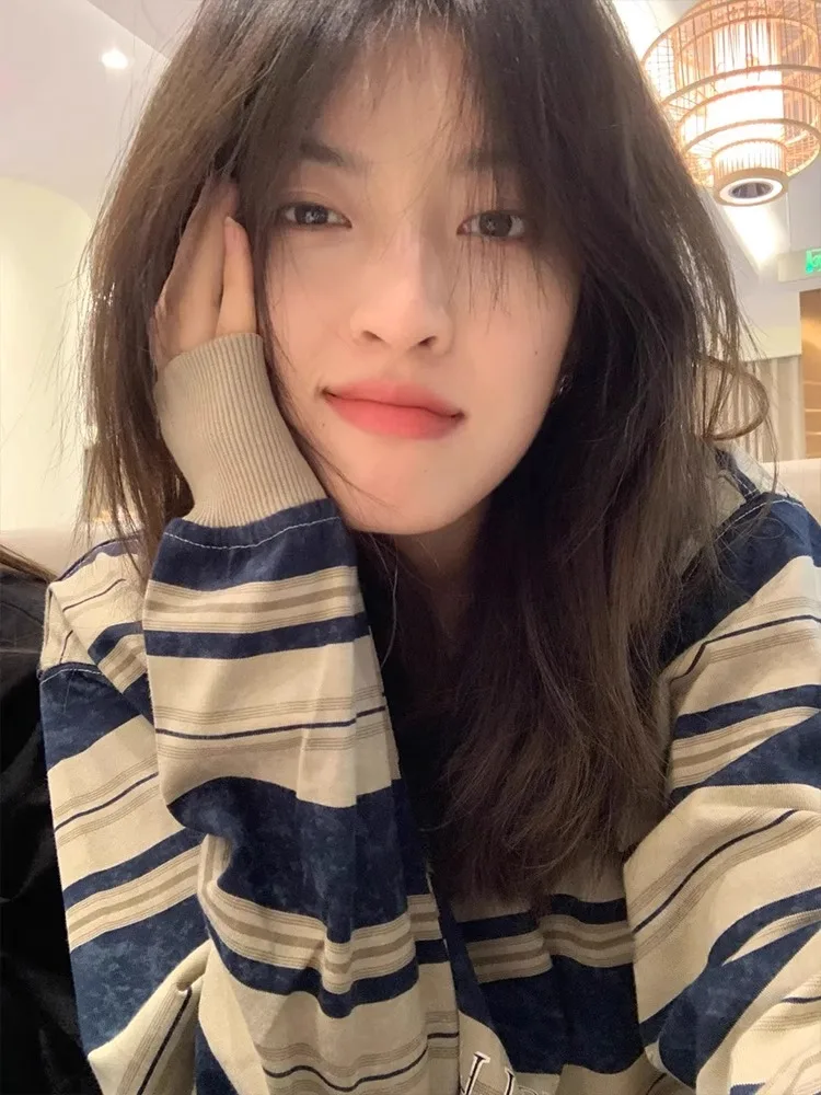 American vintage Stripe Shoulder Long sleeves Shirt Women Autumn Wear Loose Design Sense Korean Series Chic Top