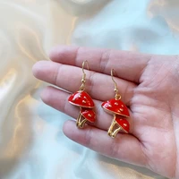 cool quirky fun gold and red spot mushroom toad stool handmade drop dangle earrings on 14k gold plated hooks gift for her