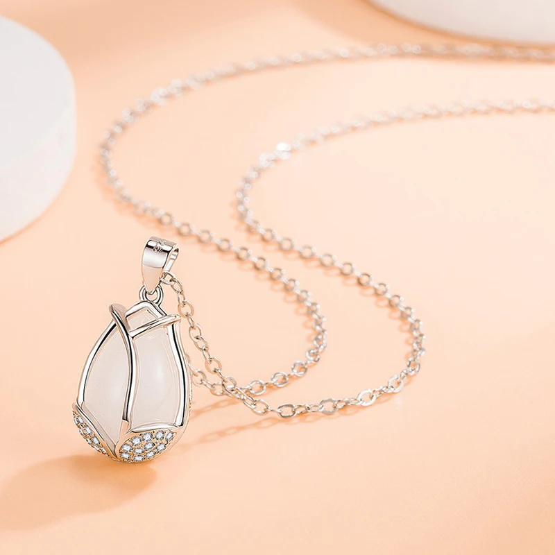 New Fashion Romantic Tulip Flower Pendant Necklaces For Women Shiny Crystal Opal Stone Water-Drop Pendant Trendy Neck Jewelry