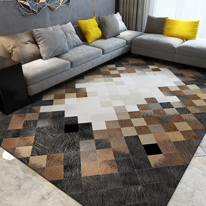 

Luxury Cowhide Skin Fur Patchwork Patterned Rug, Black And White Mixed Living Room Carpet Decorative Dining Room Floor Mat Tapis