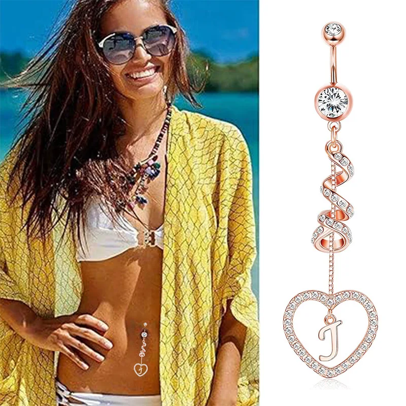 

1 stylish heart-shaped pendant with letter J women's navel ring, inlaid with sparkling cubic oxygenated zircon