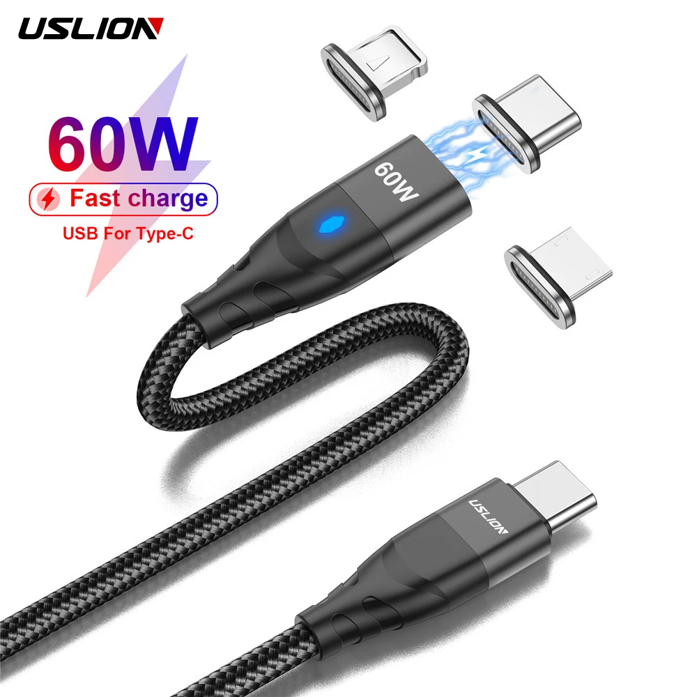 Магнитный кабель USLION с разъемами USB C и Type 60 Вт быстрая зарядка 3 0 PD для iphone Macbook iPad