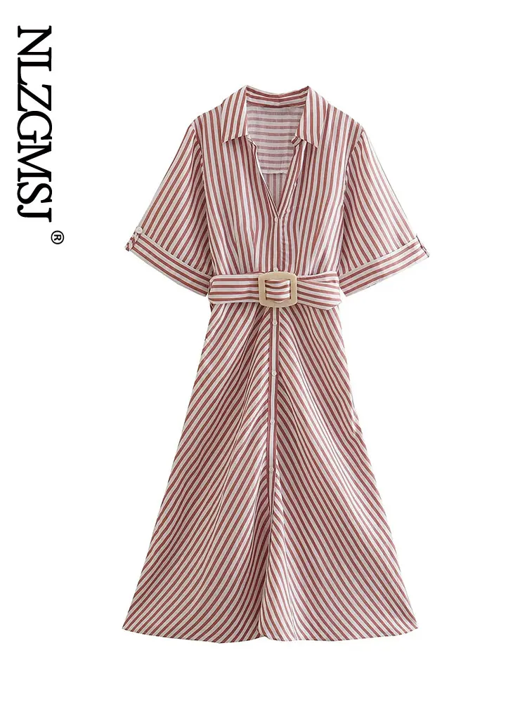 

Элегантное свободное женское платье-рубашка в полоску с отложным воротником Nlzgmsj, сезон весна-лето 2022, однобортное женское платье с коротки...