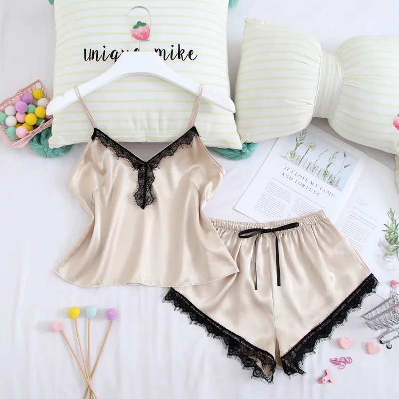 

V Neck Lace Shirt Shorts Pajamas Set Nightwear Summer Silk Home Clothes Sleepwear 2Pcs Loose Homewear Loungewear Outside