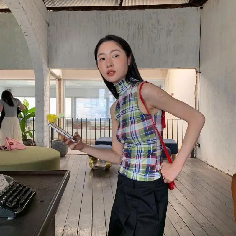 Seeslim клетчатые топы на бретелях женская одежда футболки без рукавов винтажная