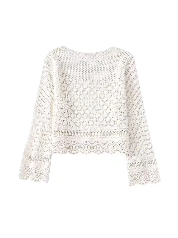 

YLJHQX Spring 2022 Women Fashion Jacquard Mesh Knit Sweater Vintage Cropped Sleeve O-Neck Short Pullover Chic Top