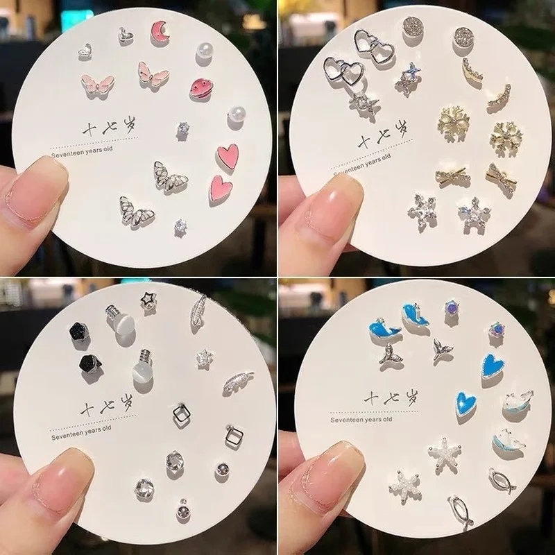 

10set/lot Butterfly Pearl Bow Geometric Stud Earrings Set for Women Ladies Rainbow Earring Jewelry Wjholesale Pendientes Niña