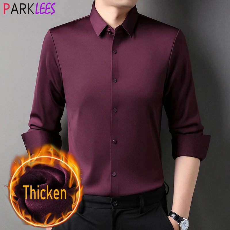 

Wine Red Velvet Mens Dress Shirts 2022 Winter Brand New Slim Fit Long Sleeve Shirt Men Casual Warm Business Formal Chemise Homme