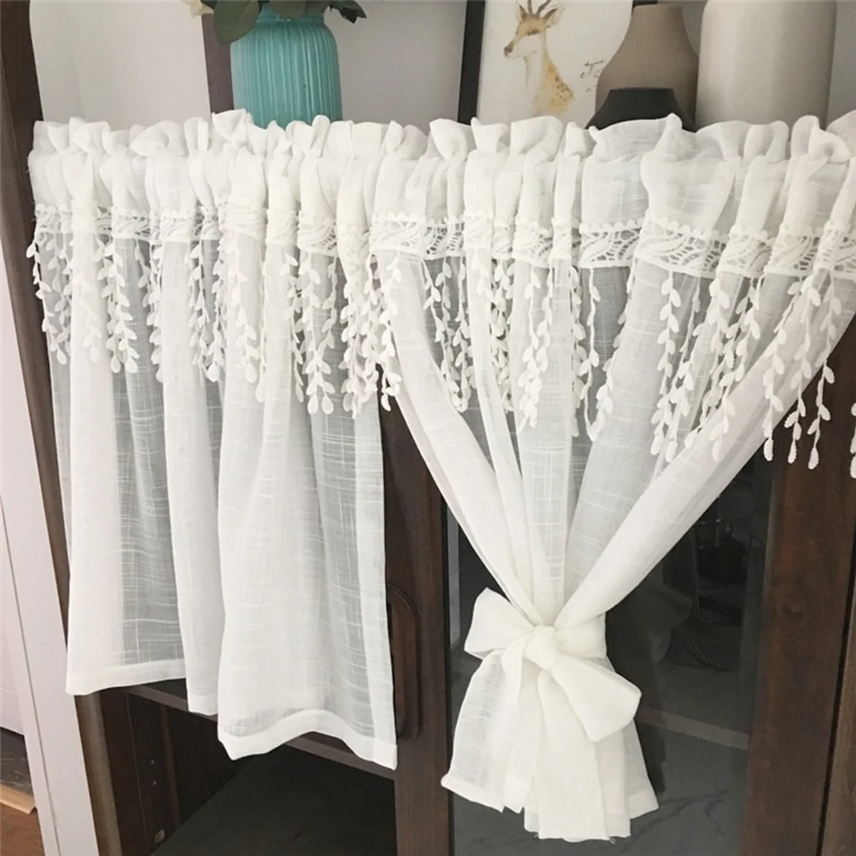 

White Lace Wave Short Tulle Half Curtains Pure Floral Voile Tulle Small Tier Kitchen LivingRoom Cabinet Drape Short Window Sheer