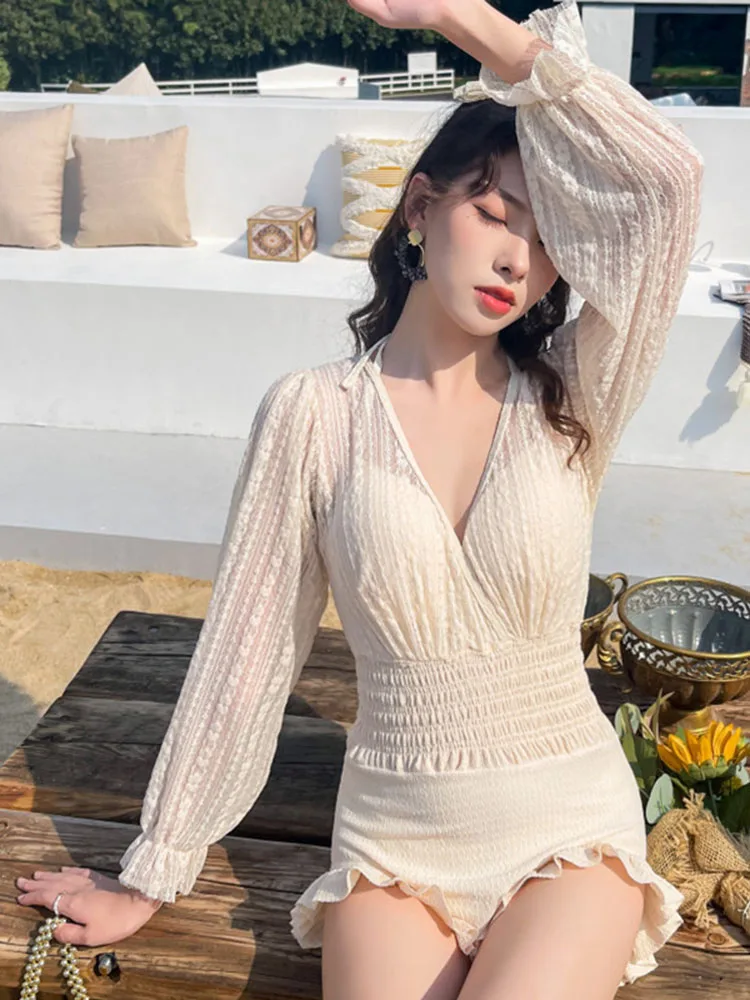 

2022 Female Korean Swimsuit Women Lace Ruffle Swimear Female Bodysuit Lace Sexy Slim Belly Cover Long Sleeve One Piece Suit