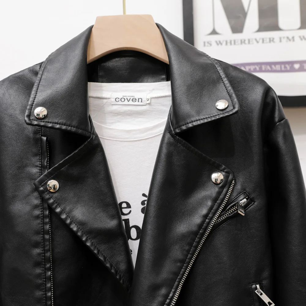 Mid-length locomotive women's leather clothes 2023 autumn new suit collar leather jacket jacket