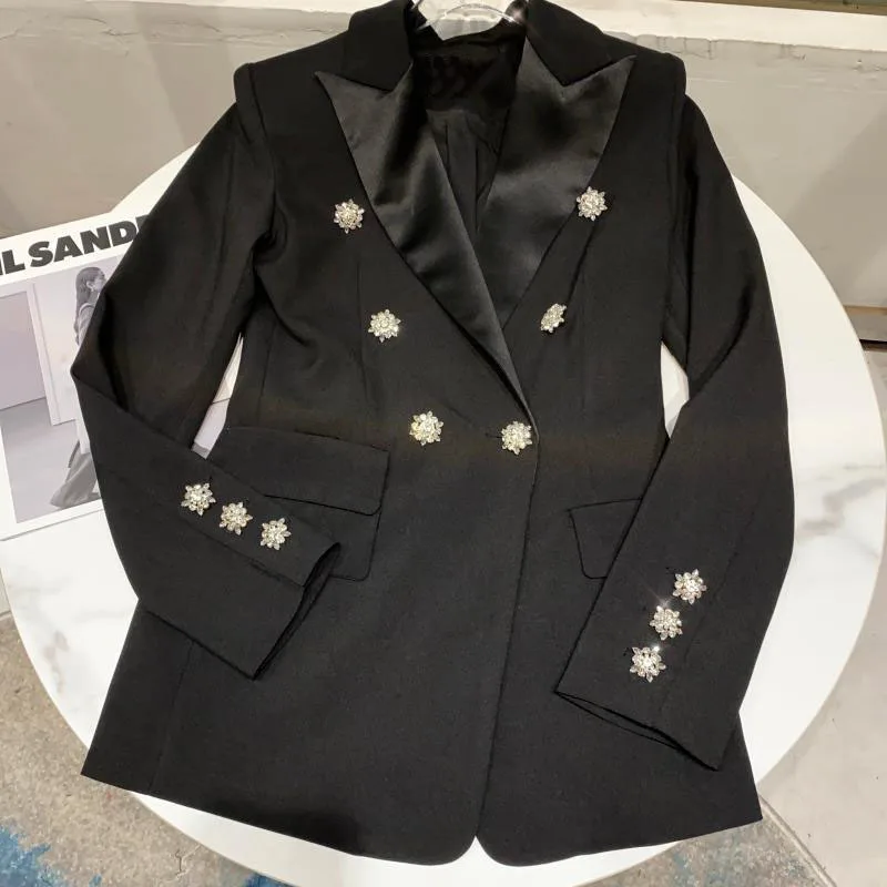 Spring New Fashion Slim-Fit Satin Blazer Coat Women's Rhinestone Double Buckle Lapel Suit Jacket Female Outwear Autumn 2022