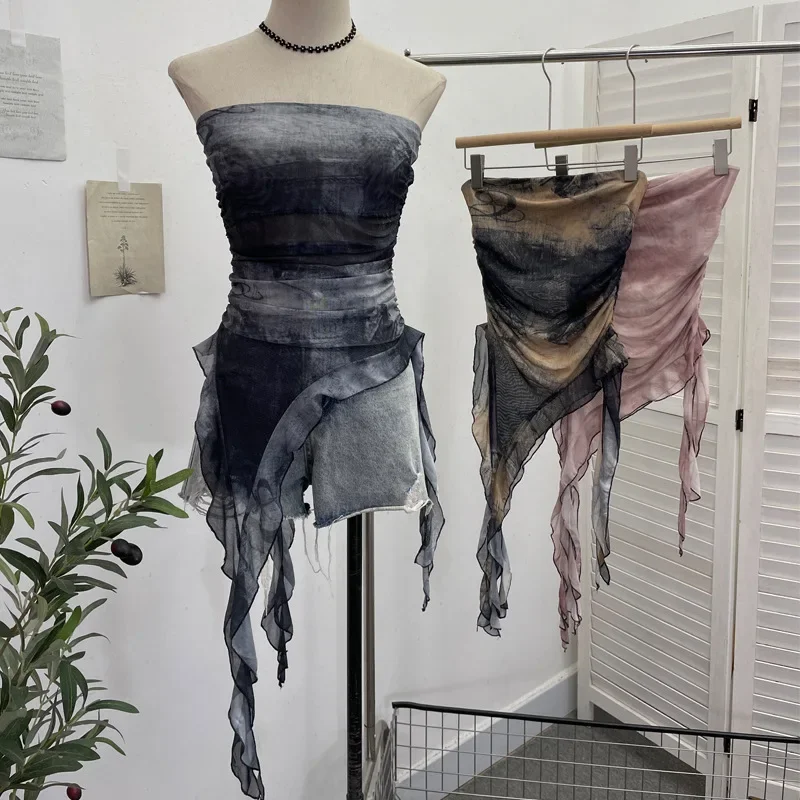 Женский сетчатый топ без рукавов с рюшами и лентой