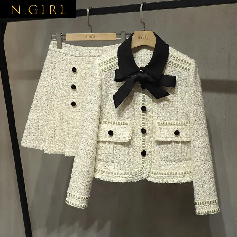 

N GIRLS New Fall Winter Sweet Luxury Tweed Sequins Women's Jacket Coat Top + High Waist Elegant Mini Skirts 2 Pieces Set Suits
