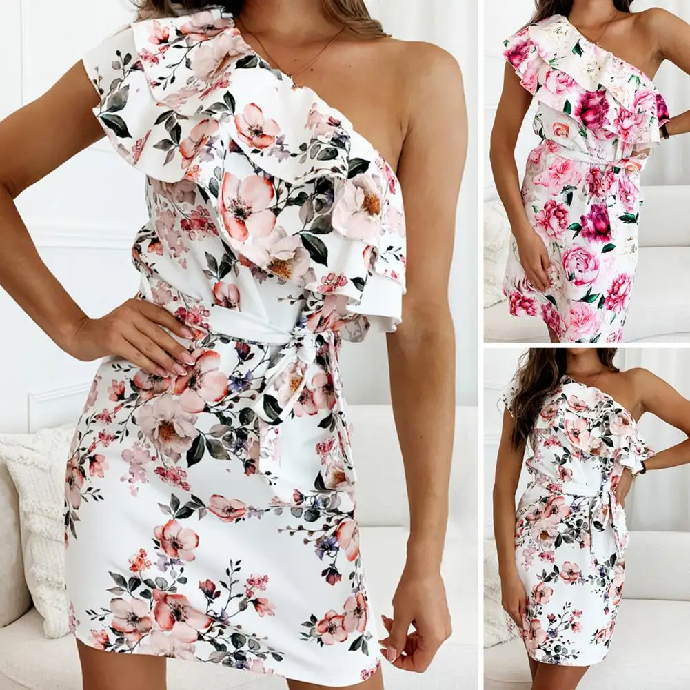 

Floral Print Lace-up Hip Wrap Women Dress One Shoulder Skew Collar Ruffle Collar Mini Dress Female Clothing