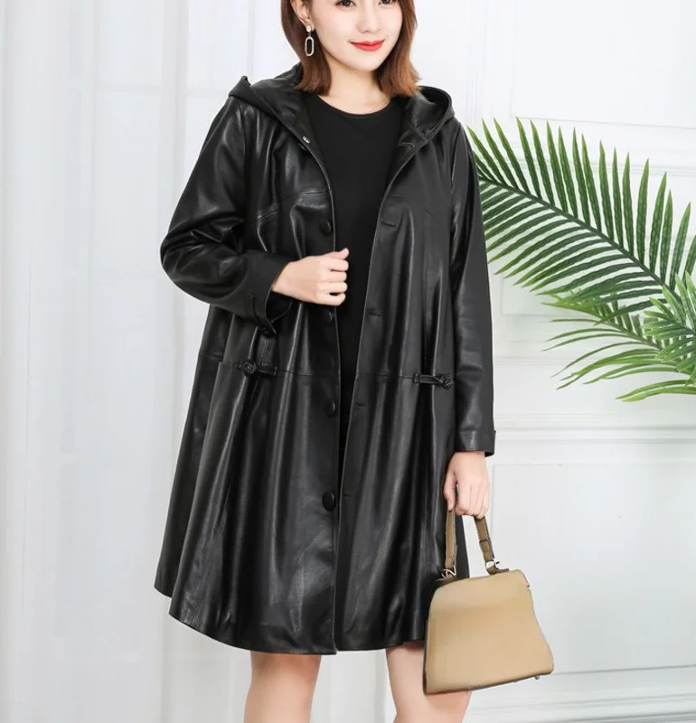 

2023Leather jacket,100% Genuine Leather Jacket Women Autumn clothes 6XL Black Hooded Sheepskin Coat Jaqueta De Couro Feminina Gx