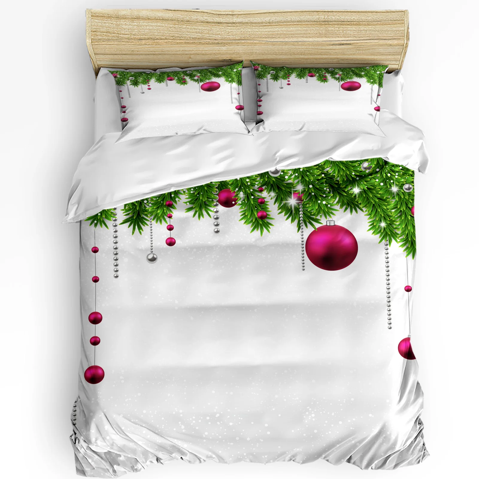 

Christmas Tree Leaves Green Red Ball Snowflake Plant 3pcs Bedding Set For Bed Home Textile Duvet Cover Quilt Cover Pillowcase