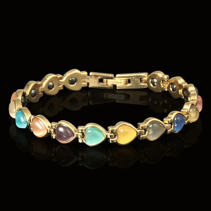 

Fashionable Ladies Colorful Heart-Shaped Opal Health Care Bracelet Gold-Plated Jewelry Magnetic Therapy