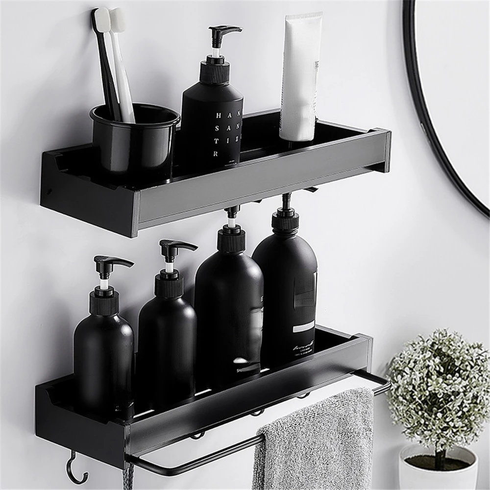 

2023NEW Shelf Shower Storage Rack Holder With Towel Rod Shampoo Tray Stand No Drilling Floating Shelf Organizer полка для ванно