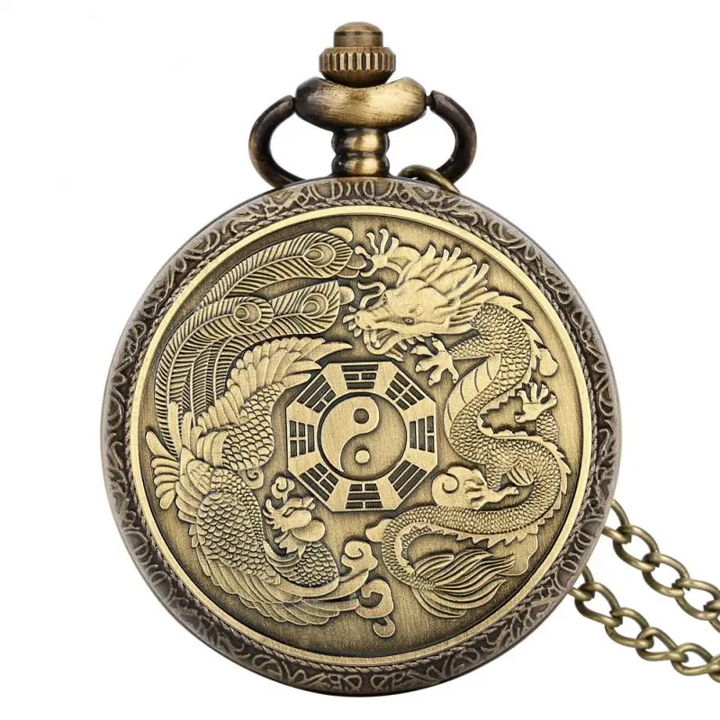 

Bronze Dragon Phoenix Necklace China Style Gossip Pendant Necklace Pocket Watch Lucky Amulet Peace Mascot Gifts for Women Men