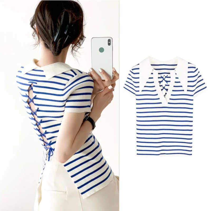 

Women Short Sleeve New Striped T Shirts Summer T-shirt Tops Women Tee Fashion Backless Lace-up Clothing For Ladies Tunic SL544