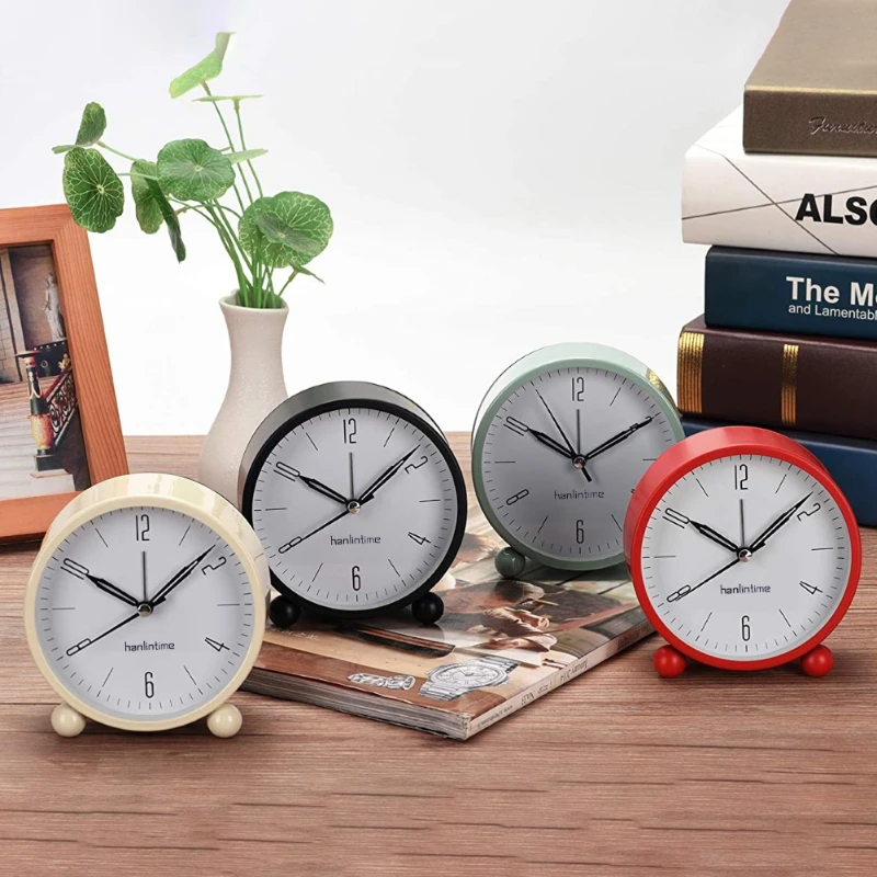 Metal Round Alarm Clock Quiet Desktop Bedroom Battery Operated Timepiece Round Silent Simple Timepiece