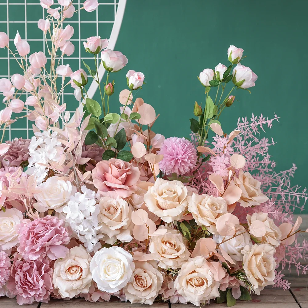 Mariage Decoration Floor Flores Arificiales Custom Light Pink Rose Hortensa Fiori Finti Sztuczne Kwiaty Arche De HY2480