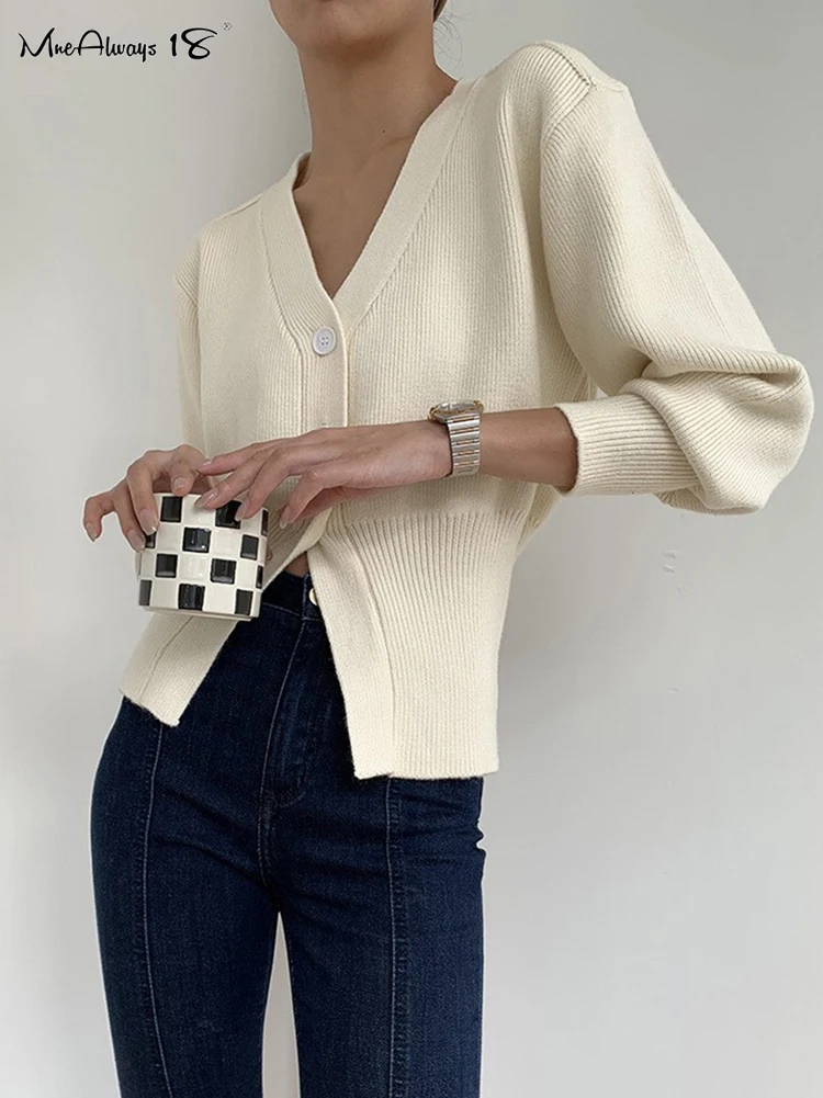 

Mnealways18 Winter Single-Breasted Women Cardigan Elegant V-Neck Lovely Hairball Sweater Cardigan Slim Beige Knitted Tops Autumn