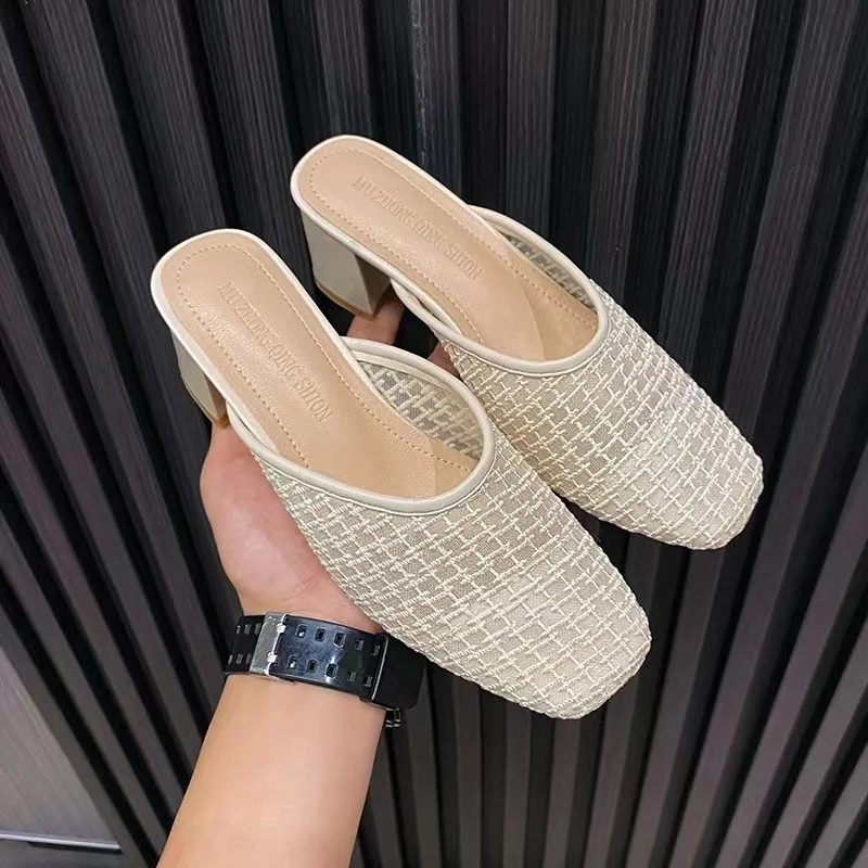 Woman Mules Shoes Outdoor Women Slippers Female Square Toe Shallow Chunkly High-heel Casual Shoes Comfortable Slippers Slides
