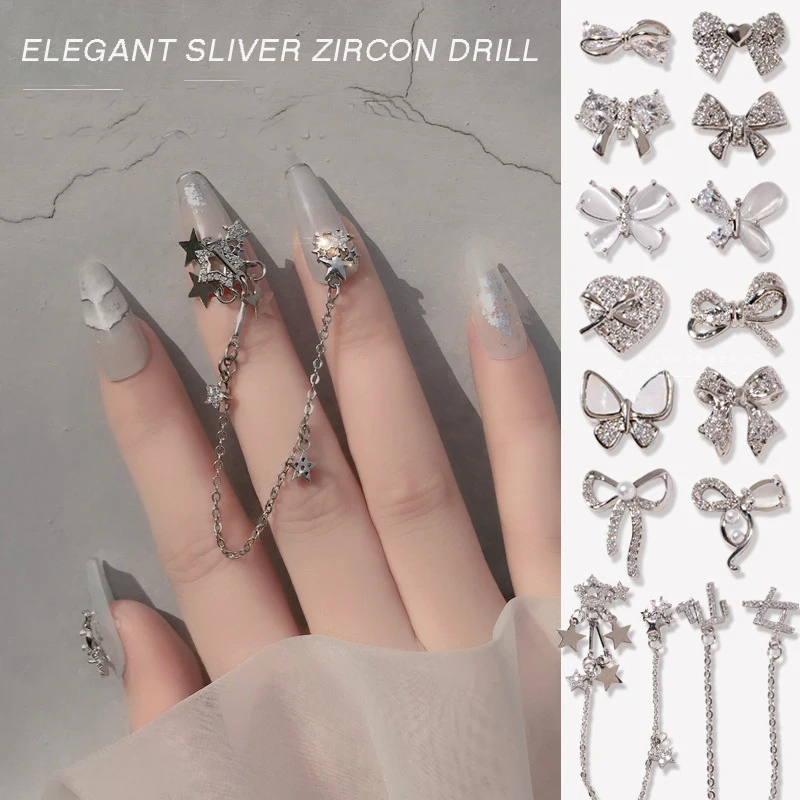 

5pcs/lot, 3d Nail Art Bow Knot Pearl Accessories Star Chain Nail Jewelry Drill Nail Crystal Diamond For Nail Tips