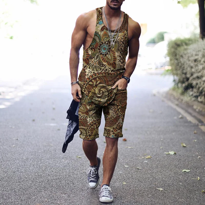 Men's Sleeveless Vest Suit Summer New Fashion Brand Top + Shorts Retro Two-piece 3D Printing Harajuku Style Outdoor Fitness Wear