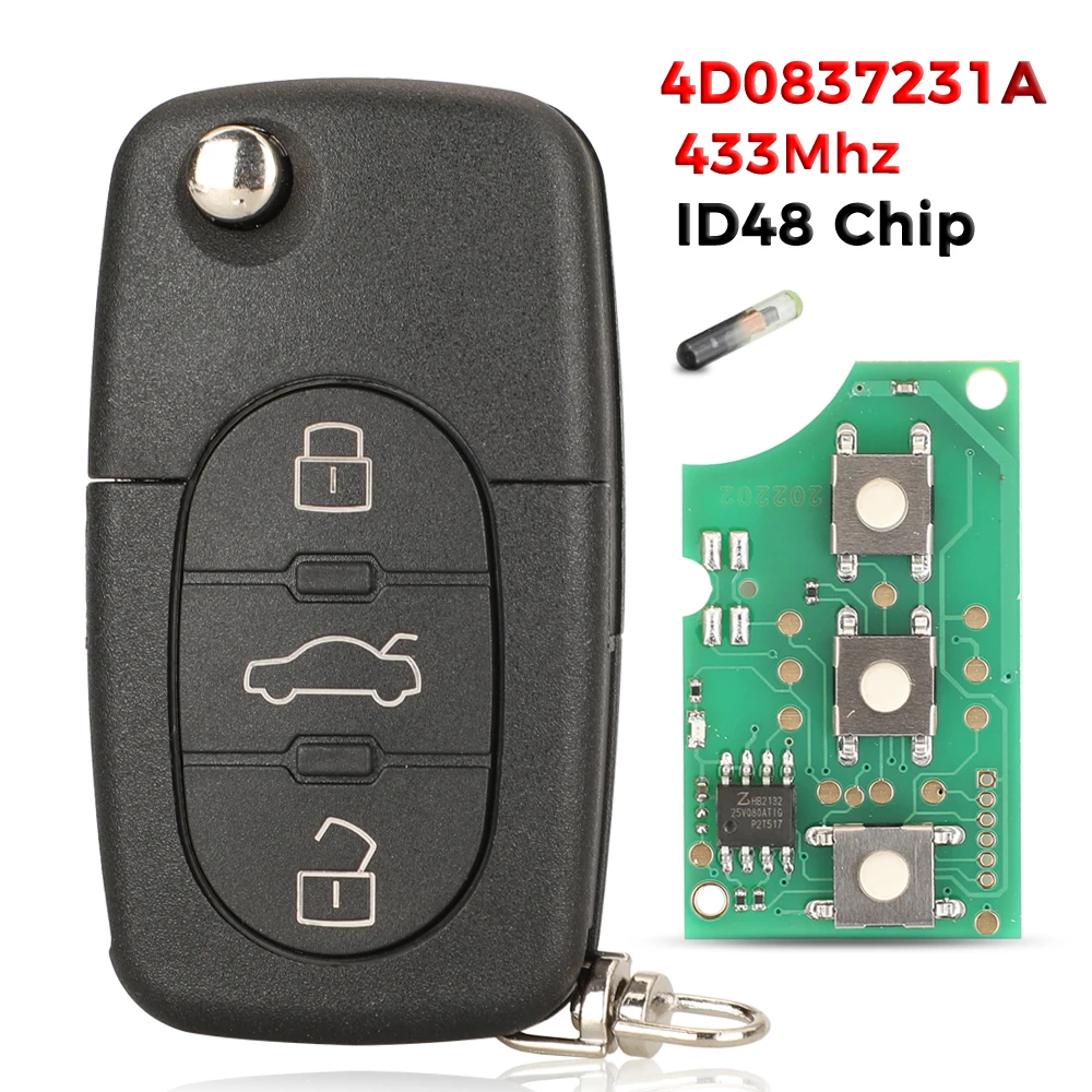 

jingyuqin 4D0 837 231 E/K/A/R 315 МГц/433 МГц для Audi A3 A4 A6 A8 TT RS4 Quattro старые модели id48 чип складной автомобильный дистанционный ключ