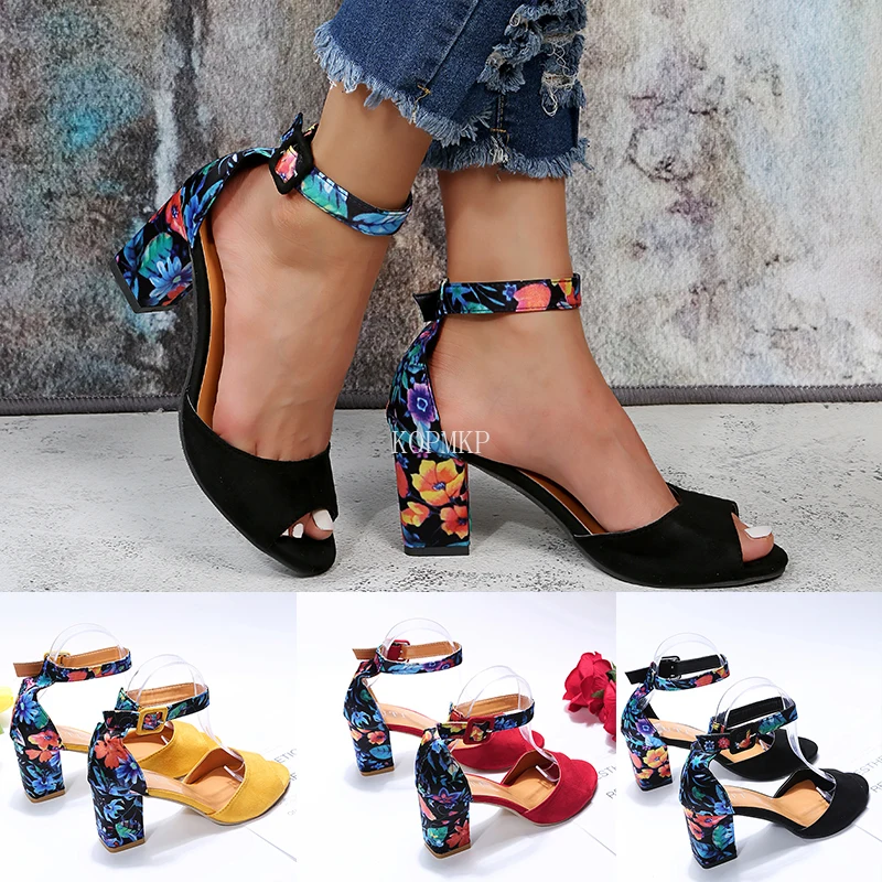 2022 New Fashion Women Yellow Flock Flower Color High Heels Sandals Female Pumps Peep Toe Ankle Strap Platform Shoes Summer 43