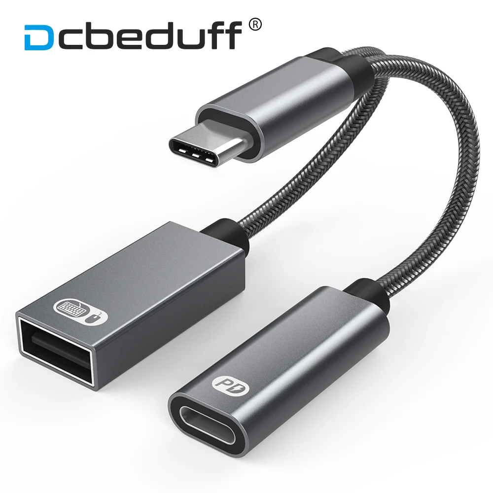

Адаптер 2 в 1 Type-C на USB OTG с кабелем для быстрой зарядки PD, порт Type-C для наушников Xiaomi, мыши, клавиатуры, конвертер, адаптер