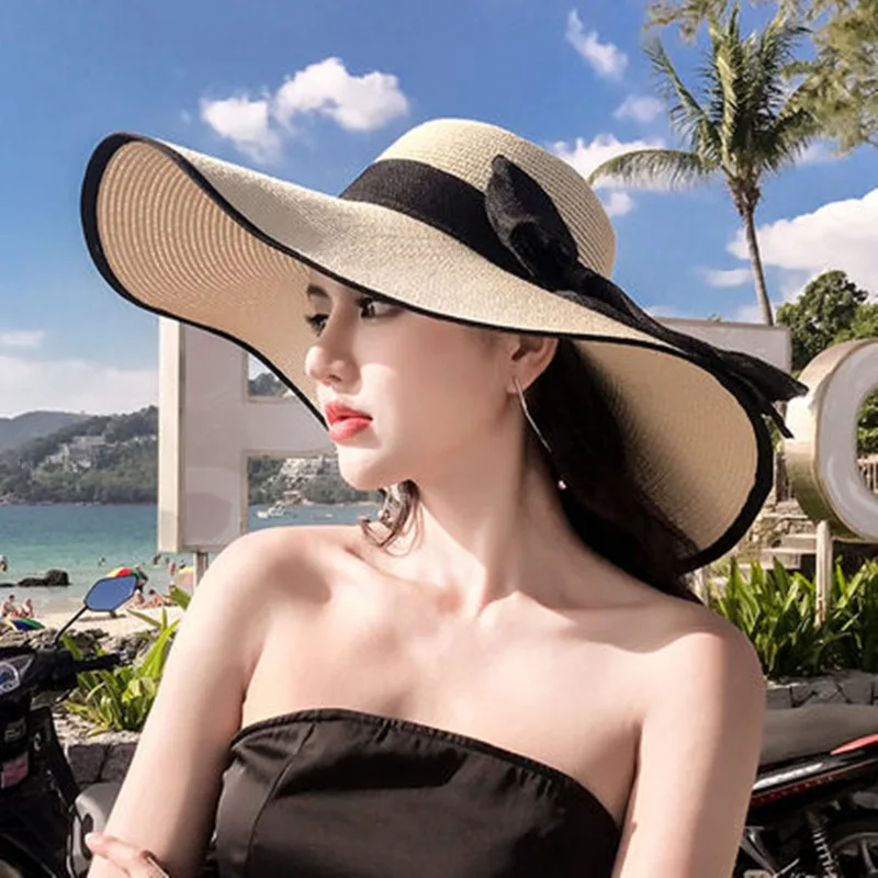 

Summer Women Straw Hat Bowknot Wide Brim Floppy Panama Hats Female Lady Outdoor Foldable Beach Sun Cap Sombreros De Mujer