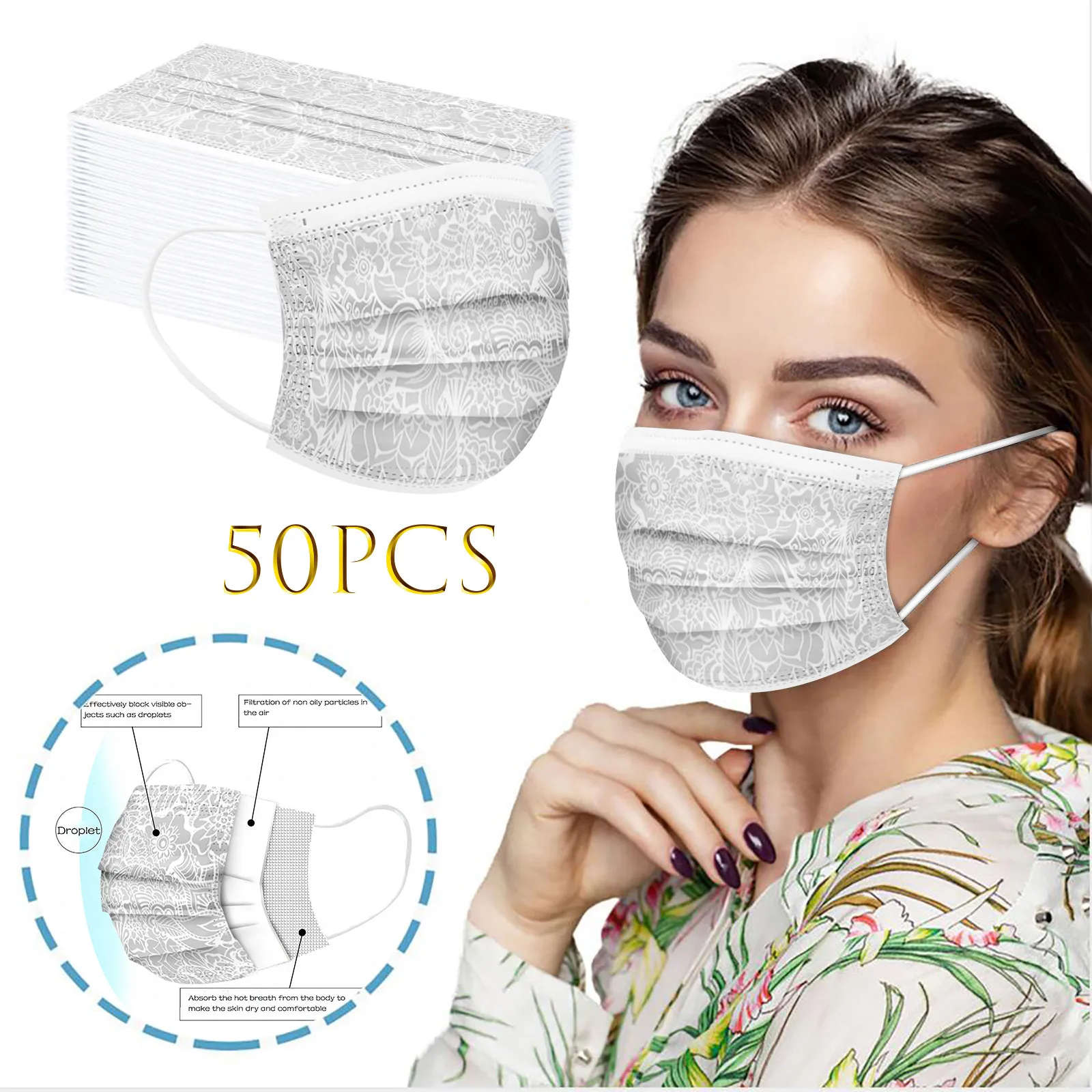 

50/100PCS Pure Color Disposable Facemask Spunlace Cloth Breathable Printing Mask Protection 4ply Mouth Mask For Adult
