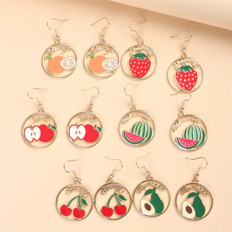 

EM307 Cartoon Cute Geometry Round Fruits Apple Watermelon Cherry Strawberry Alloy Drop Earrings Retro Accessories Wholesale