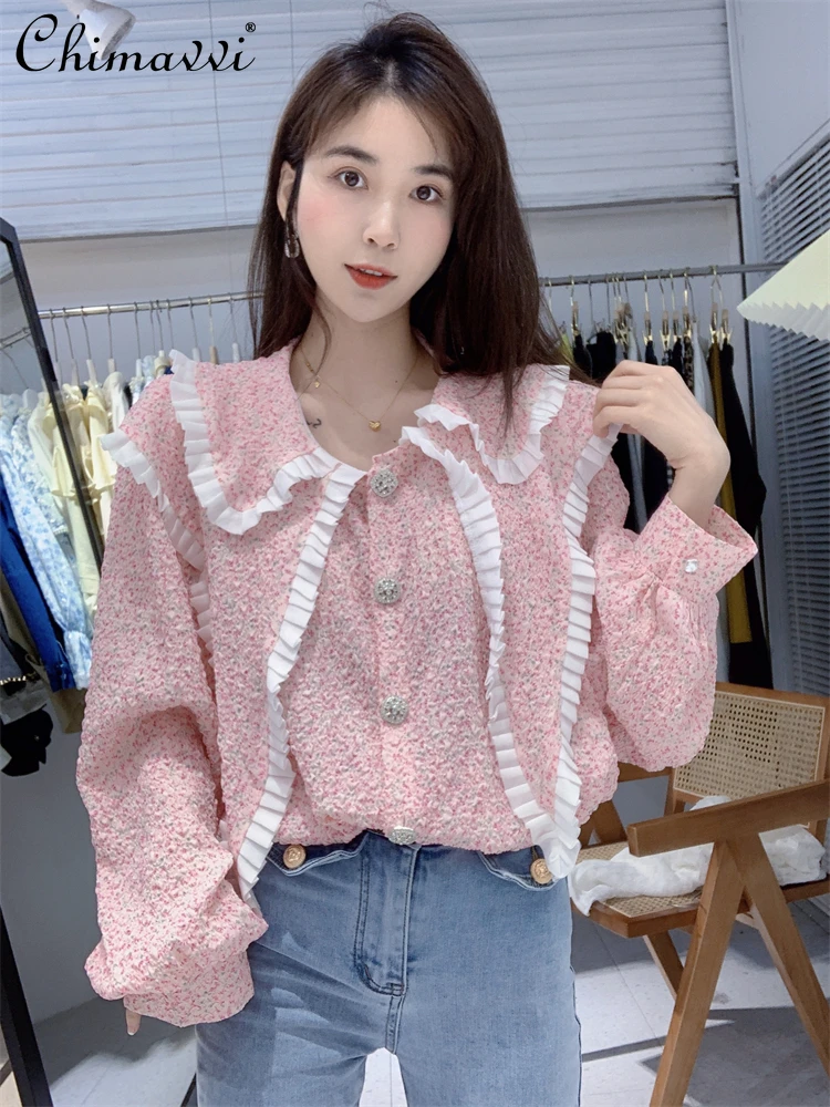 

2022 Spring New Fashion Stringy Selvedge Double Doll Collar Chiffon Shirt Pointed Collar Floral Long Sleeve Loose Blouse Women